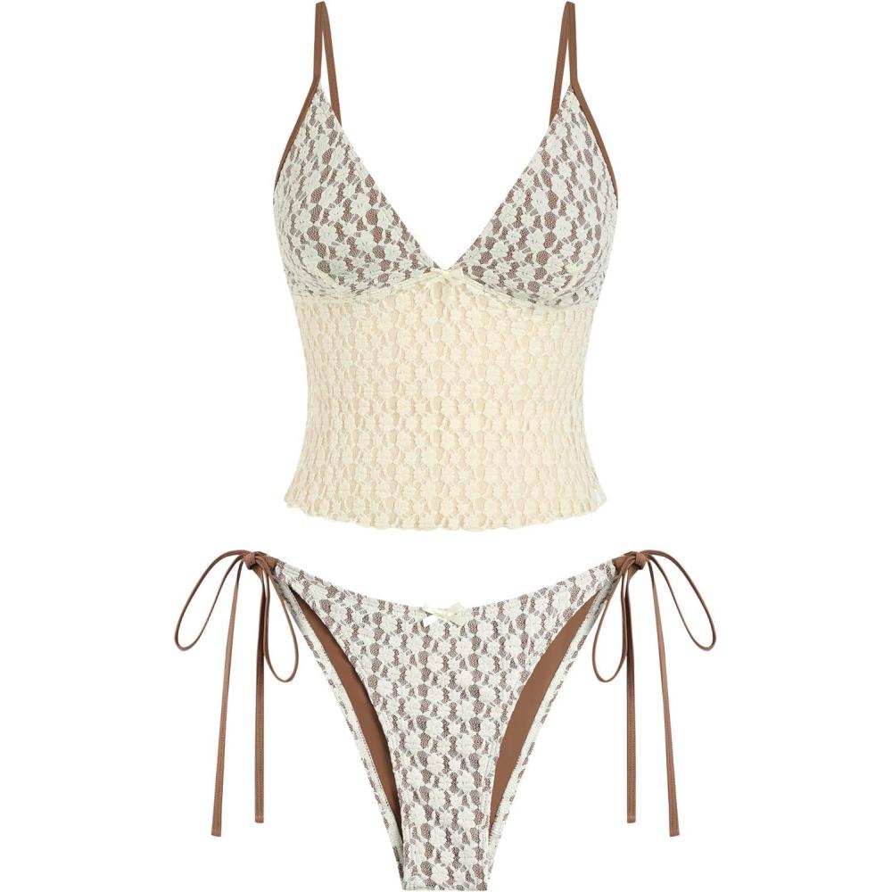 imageZAFUL Tankini Swimsuits for Women Lace Jacquard Bowknot Decor Tummy Control High Cut Tanga Tankini SetCbeigecoffee
