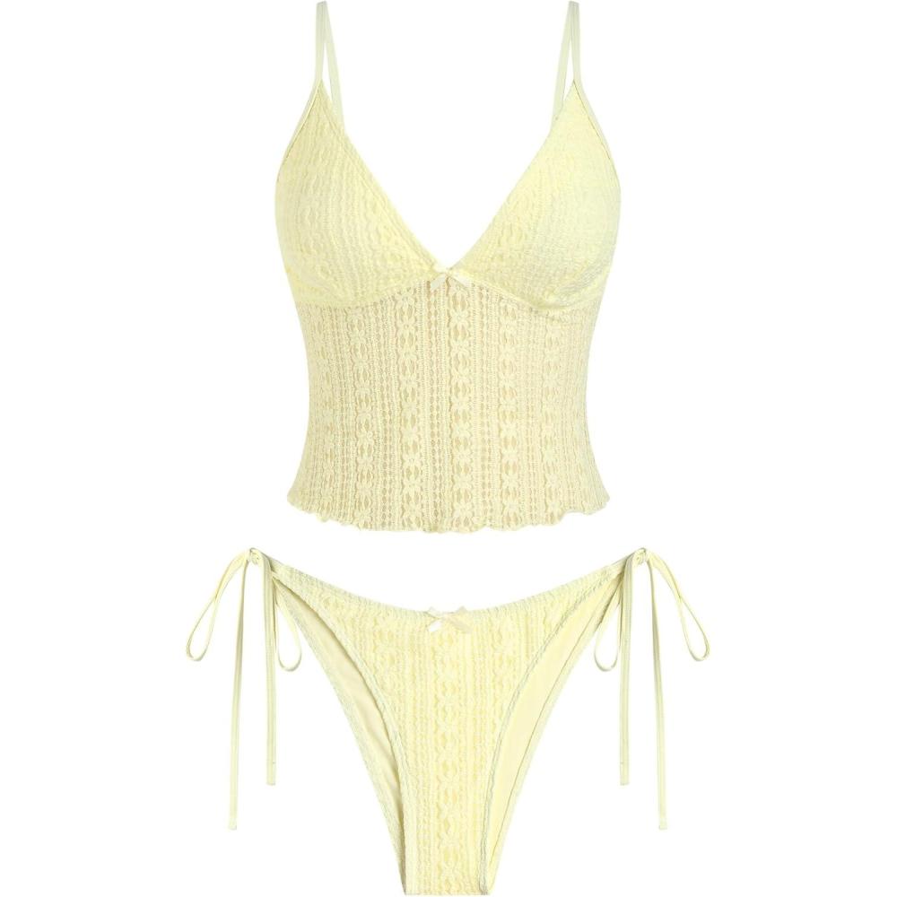 imageZAFUL Tankini Swimsuits for Women Lace Jacquard Bowknot Decor Tummy Control High Cut Tanga Tankini SetDlight Yellow