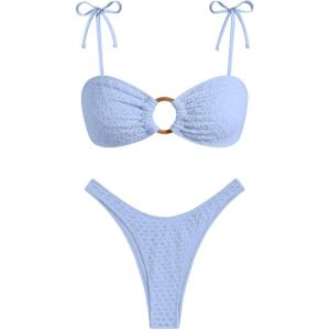 ZAFUL Women’s Sexy Tie Spaghetti Strap Bikini Textured O Ring Ruched High Leg Swimsuit Cheeky Bathing Suits(3-light Blue)