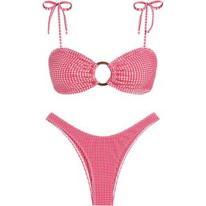 ZAFUL Women’s Sexy Tie Spaghetti Strap Bikini Textured O Ring Ruched High Leg Swimsuit Cheeky Bathing Suits(4-red Grid)