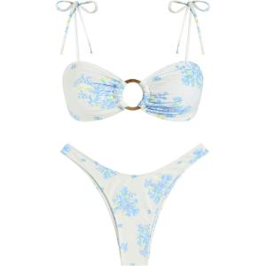 ZAFUL Women’s Sexy Tie Spaghetti Strap Bikini Textured O Ring Ruched High Leg Swimsuit Cheeky Bathing Suits(5-light Yellow)