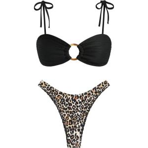 ZAFUL Women’s Sexy Tie Spaghetti Strap Bikini Textured O Ring Ruched High Leg Swimsuit Cheeky Bathing Suits(6-leopard)