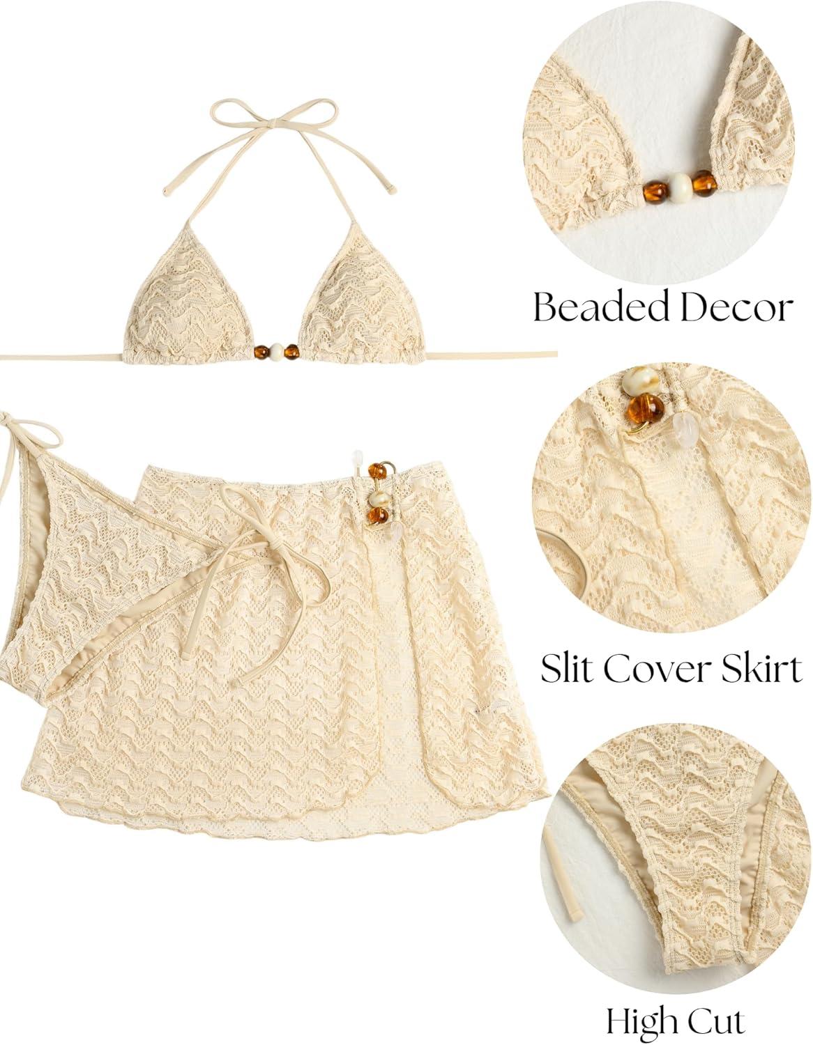 imageZAFUL Womens Halter Bikini Sets Textured Triangle String Tie Side Cover Up Skirt 3 Piece Swimsuits1apricot