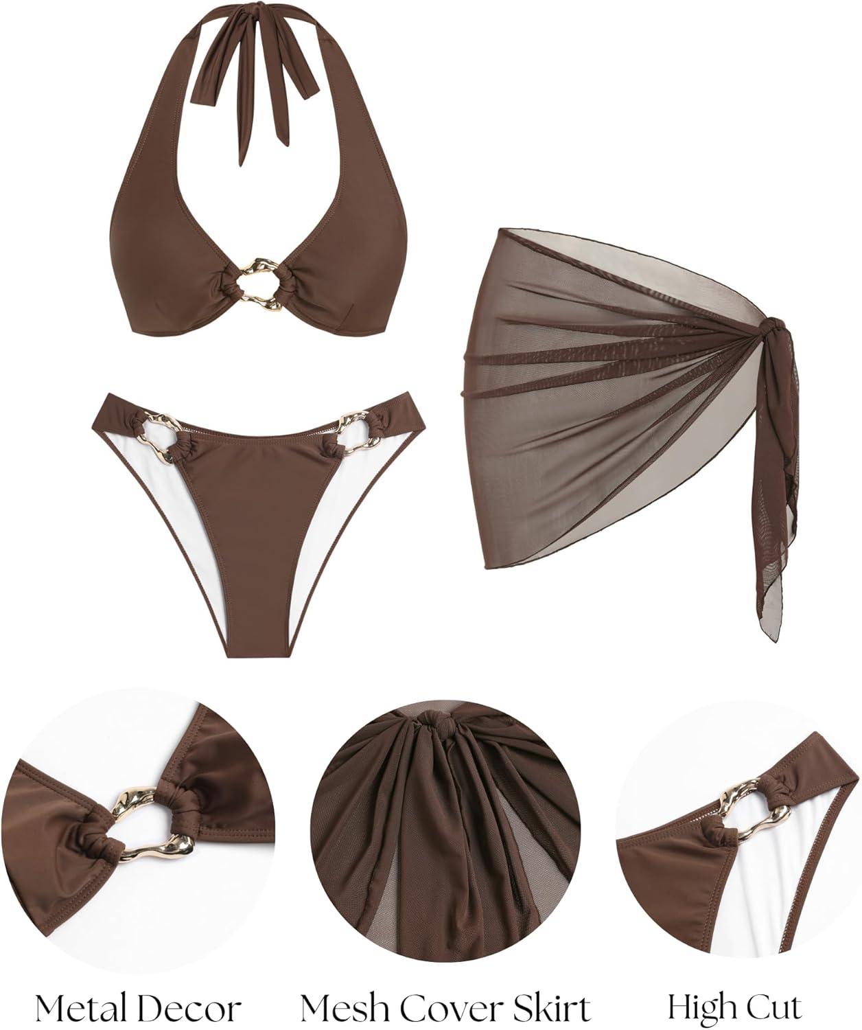imageZAFUL Womens Halter Bikini Sets Triangle Tie Back High Cut Mesh Cover Up Skirt 3 Piece Swimsuits1brown