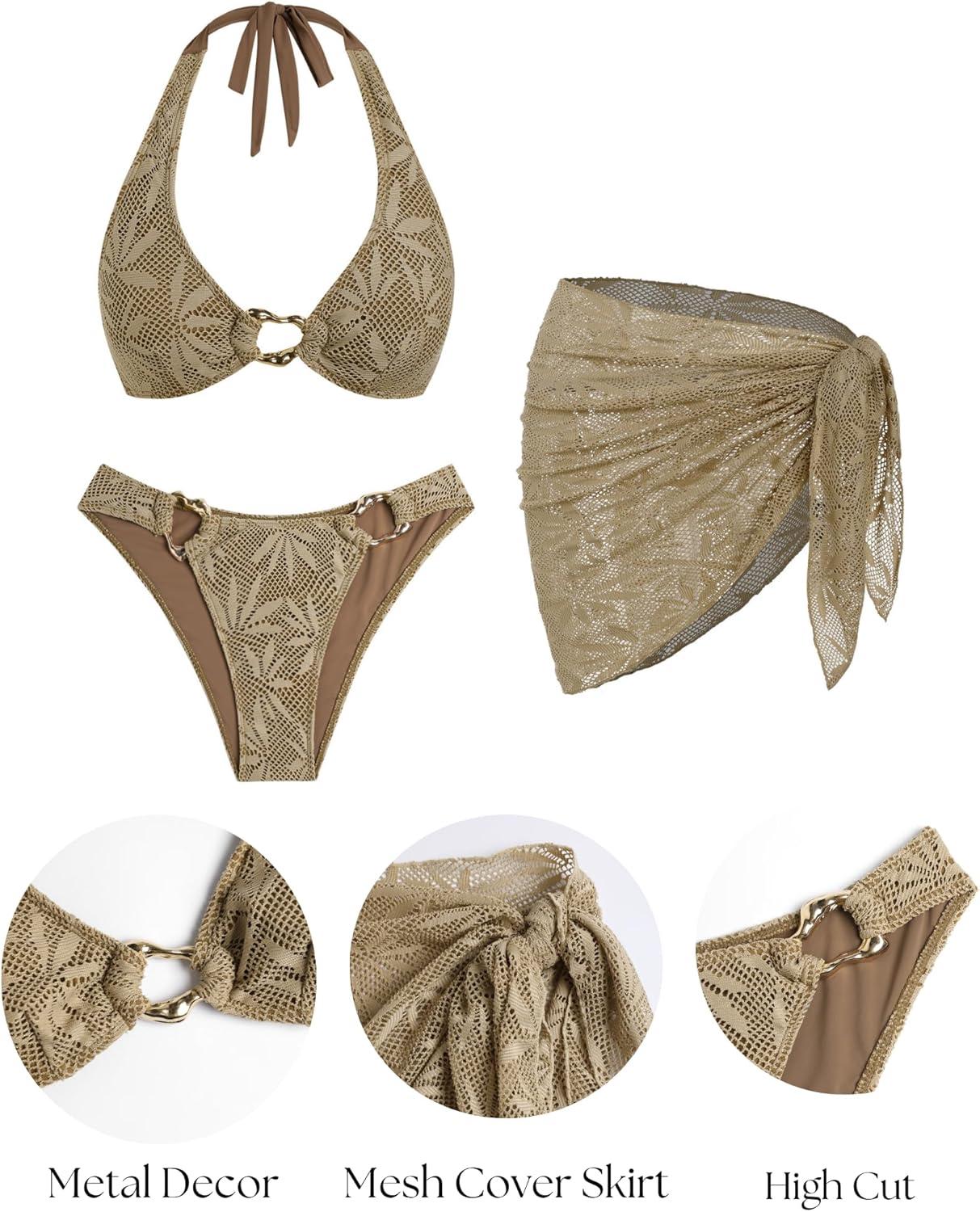 imageZAFUL Womens Halter Bikini Sets Triangle Tie Back High Cut Mesh Cover Up Skirt 3 Piece Swimsuits1khaki