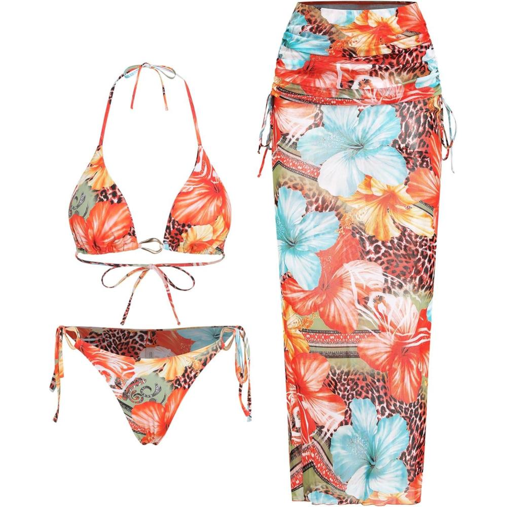 imageZAFUL 3 Piece Swimsuits for Women Sexy Triangle Halter Bikini Tie Side Bottoms with Long Mesh Cover Up Skirt2floral Leopard