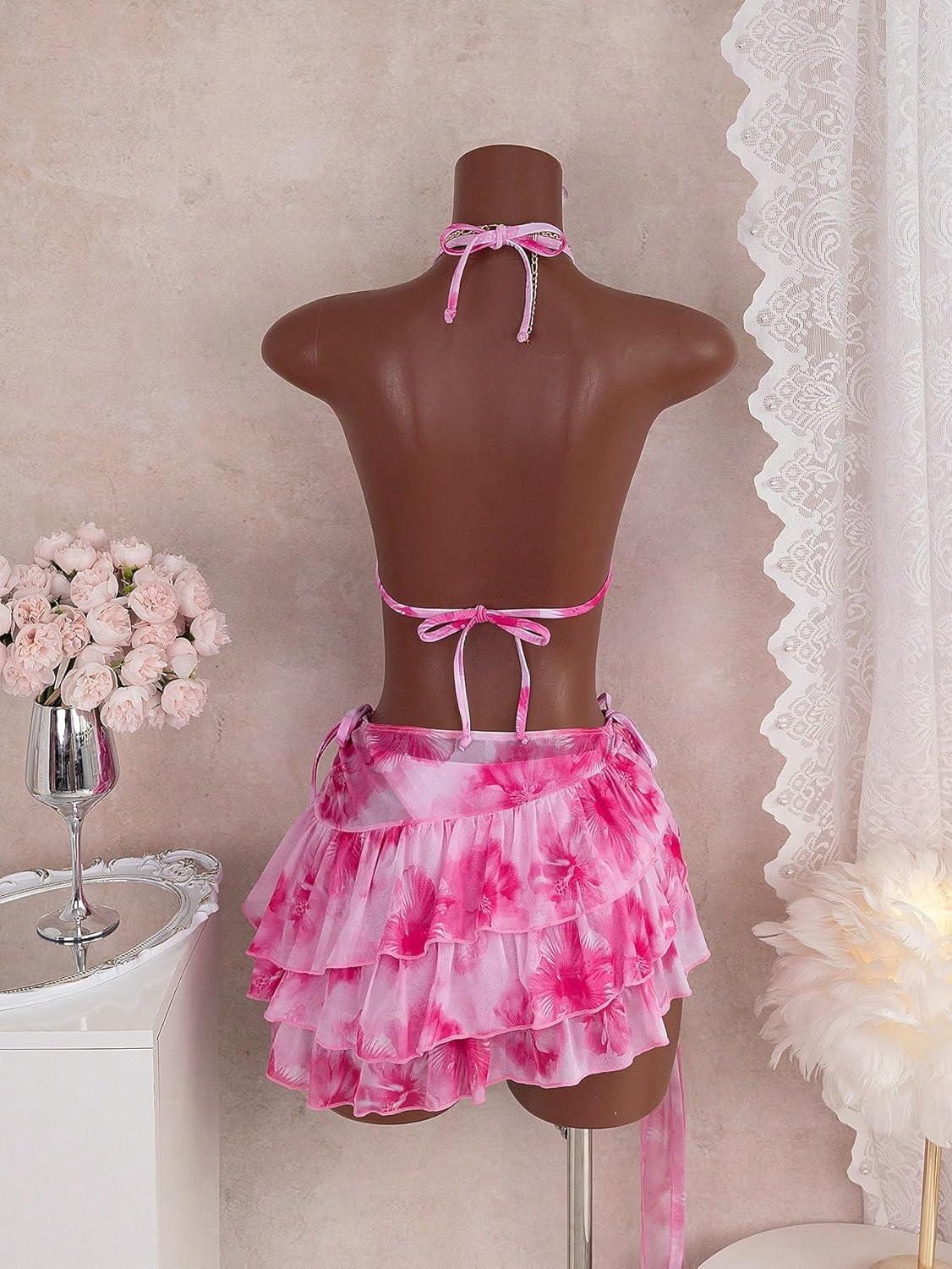 imageZAFUL 3 Piece Bikini Sets for Women Halter Cowl Neck Metal Ring Triangle Side Tie Bathing Suits with Cover Up Skirts4pink Flower