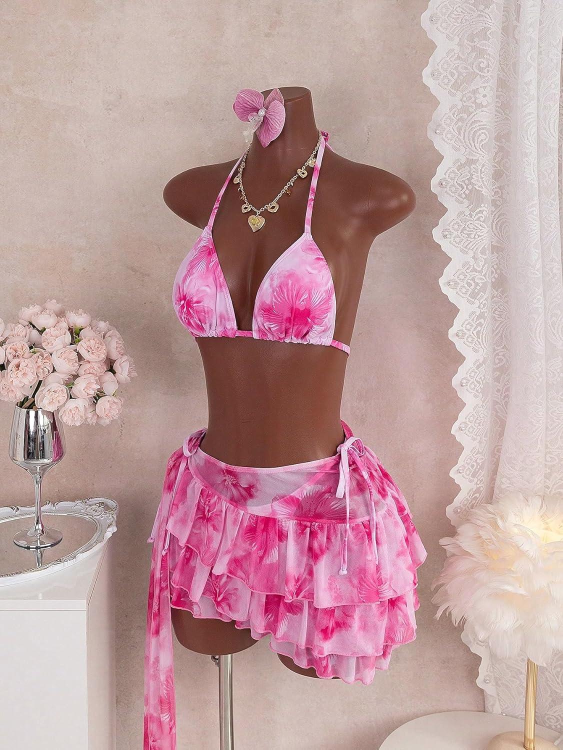 imageZAFUL 3 Piece Bikini Sets for Women Halter Cowl Neck Metal Ring Triangle Side Tie Bathing Suits with Cover Up Skirts4pink Flower