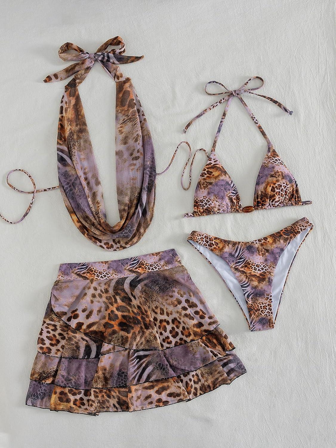 imageZAFUL 3 Piece Bikini Sets for Women Halter Cowl Neck Metal Ring Triangle Side Tie Bathing Suits with Cover Up Skirts5light Purple