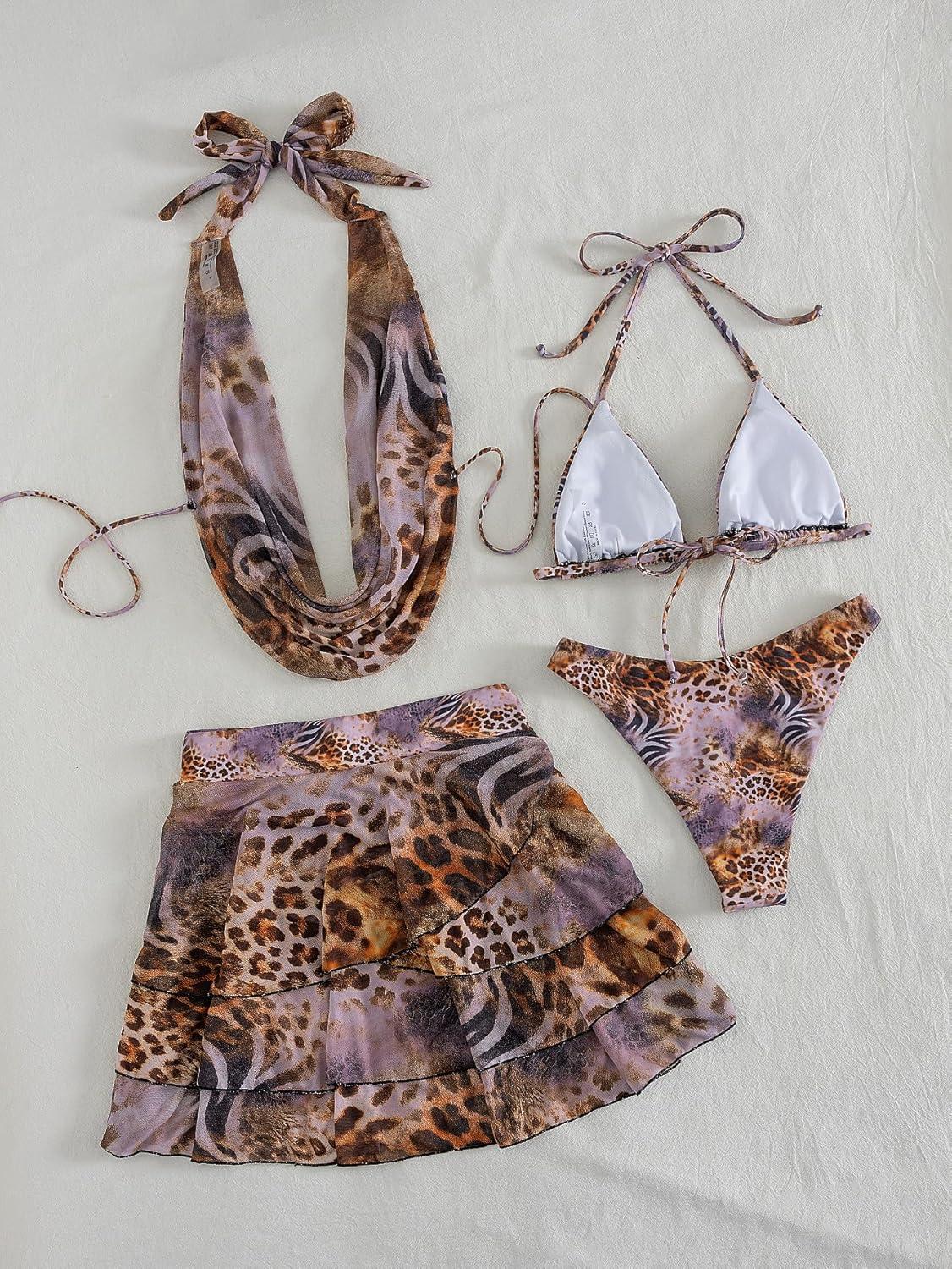 imageZAFUL 3 Piece Bikini Sets for Women Halter Cowl Neck Metal Ring Triangle Side Tie Bathing Suits with Cover Up Skirts5light Purple