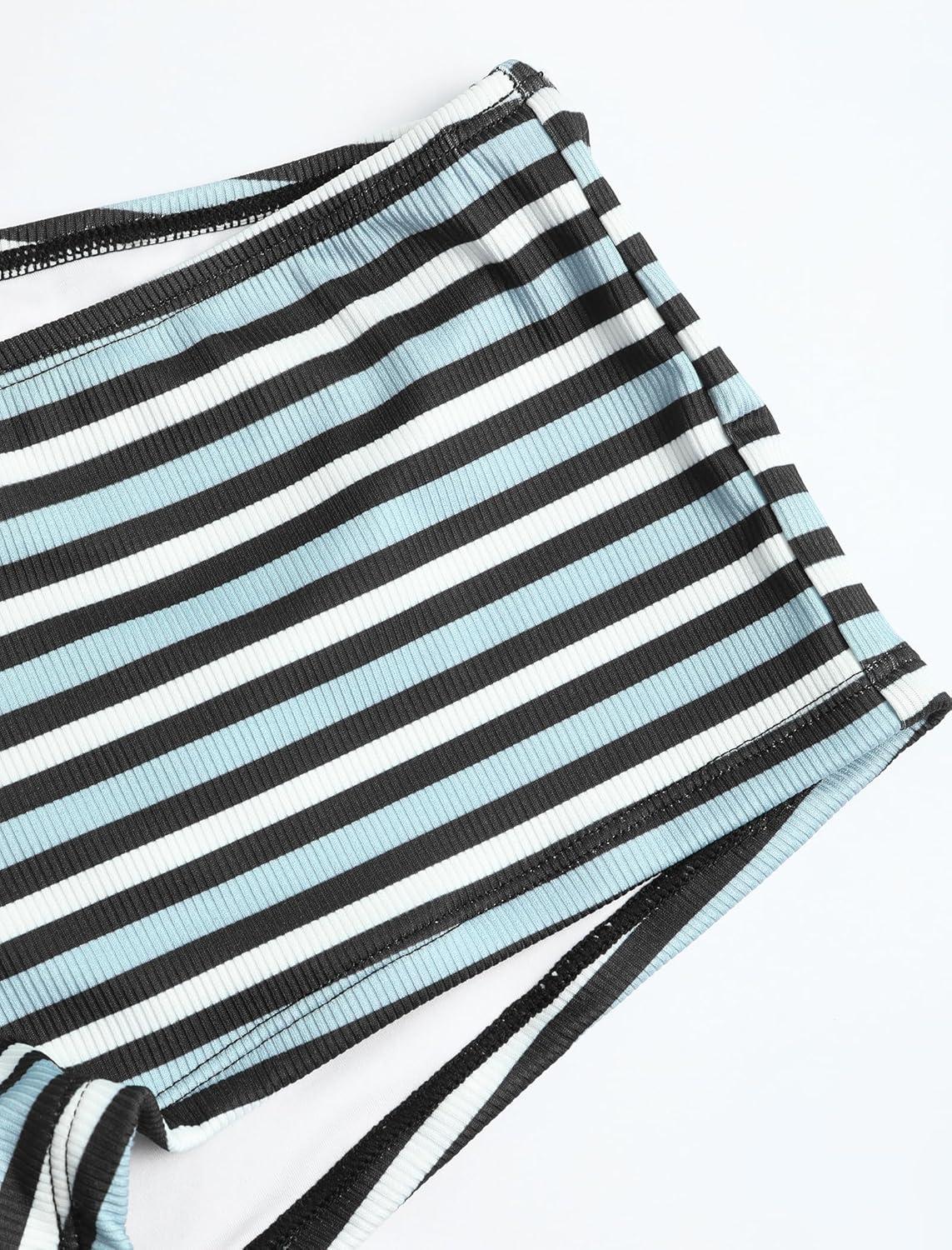 imageZAFUL Womens 3 Piece Halter Triangle Bikini Sets Sexy Summer Beach Swimsuit Bathing Suit Shorts Coverups2stripe Black