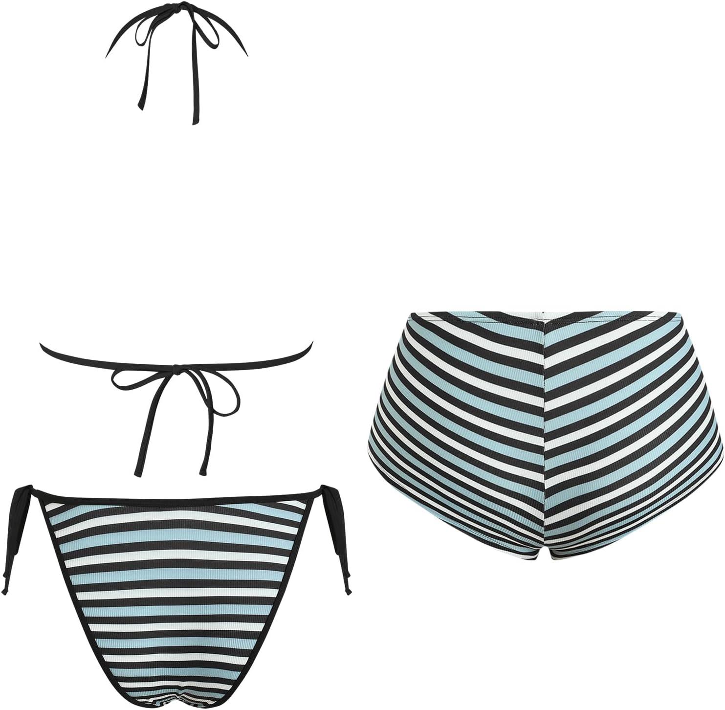 imageZAFUL Womens 3 Piece Halter Triangle Bikini Sets Sexy Summer Beach Swimsuit Bathing Suit Shorts Coverups2stripe Black