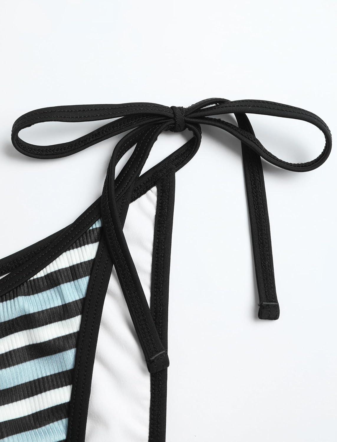 imageZAFUL Womens 3 Piece Halter Triangle Bikini Sets Sexy Summer Beach Swimsuit Bathing Suit Shorts Coverups2stripe Black