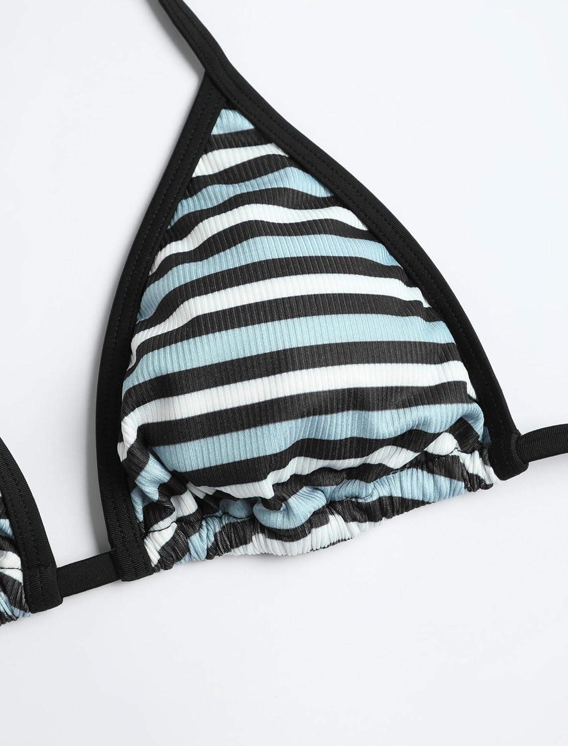 imageZAFUL Womens 3 Piece Halter Triangle Bikini Sets Sexy Summer Beach Swimsuit Bathing Suit Shorts Coverups2stripe Black