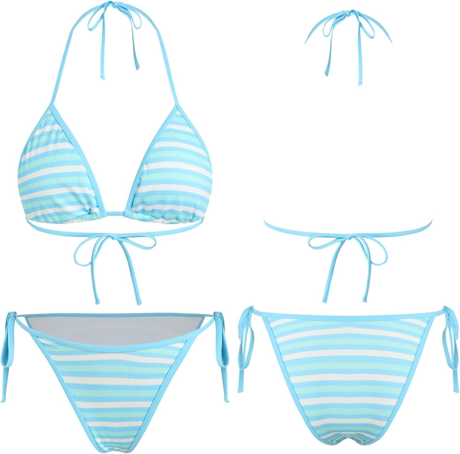 imageZAFUL Womens 3 Piece Halter Triangle Bikini Sets Sexy Summer Beach Swimsuit Bathing Suit Shorts Coverups2stripe Blue