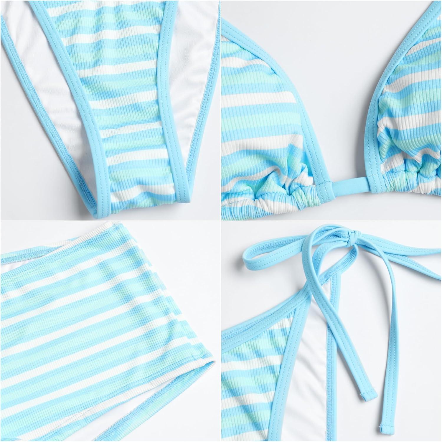 imageZAFUL Womens 3 Piece Halter Triangle Bikini Sets Sexy Summer Beach Swimsuit Bathing Suit Shorts Coverups2stripe Blue