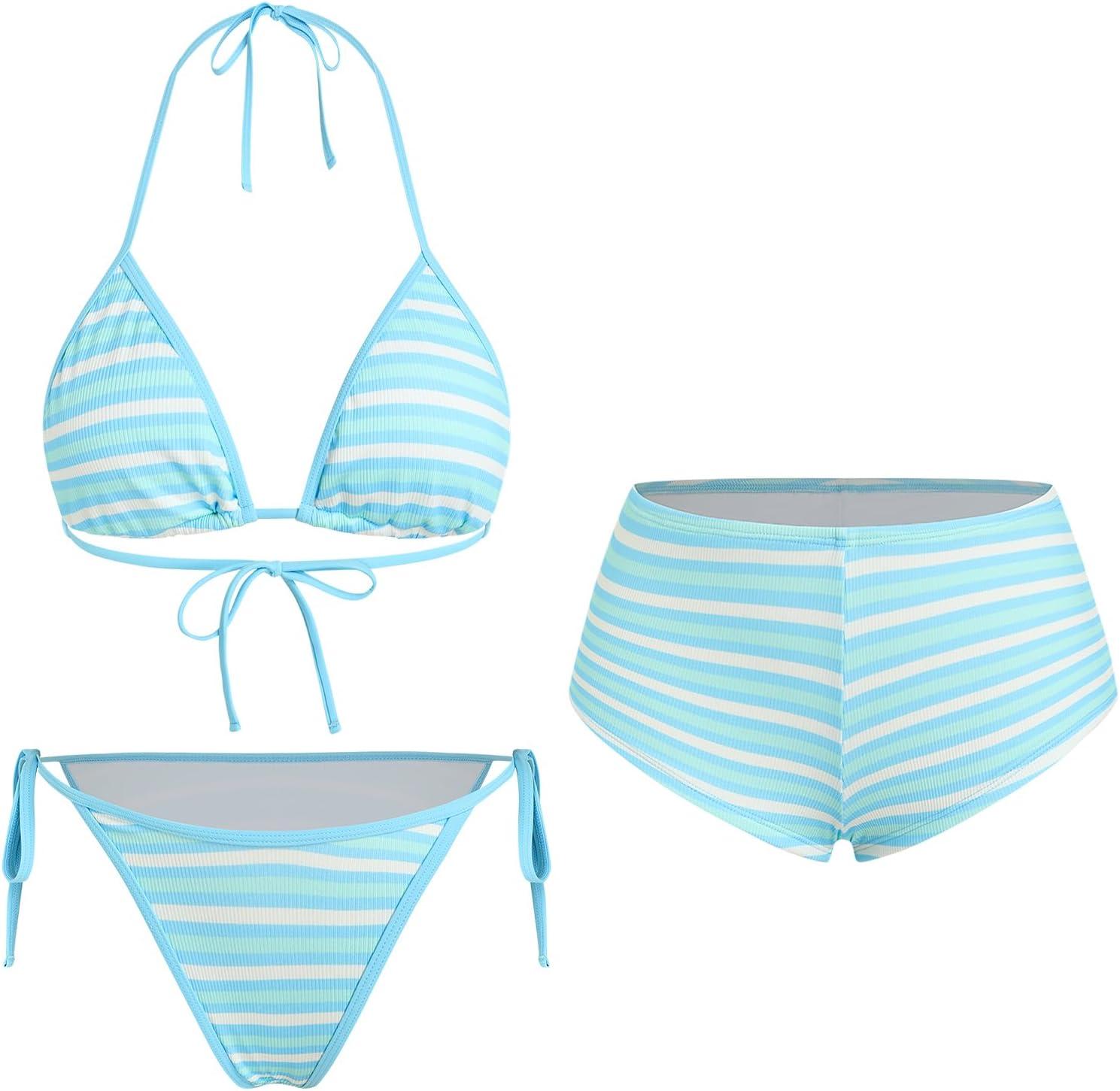 imageZAFUL Womens 3 Piece Halter Triangle Bikini Sets Sexy Summer Beach Swimsuit Bathing Suit Shorts Coverups2stripe Blue