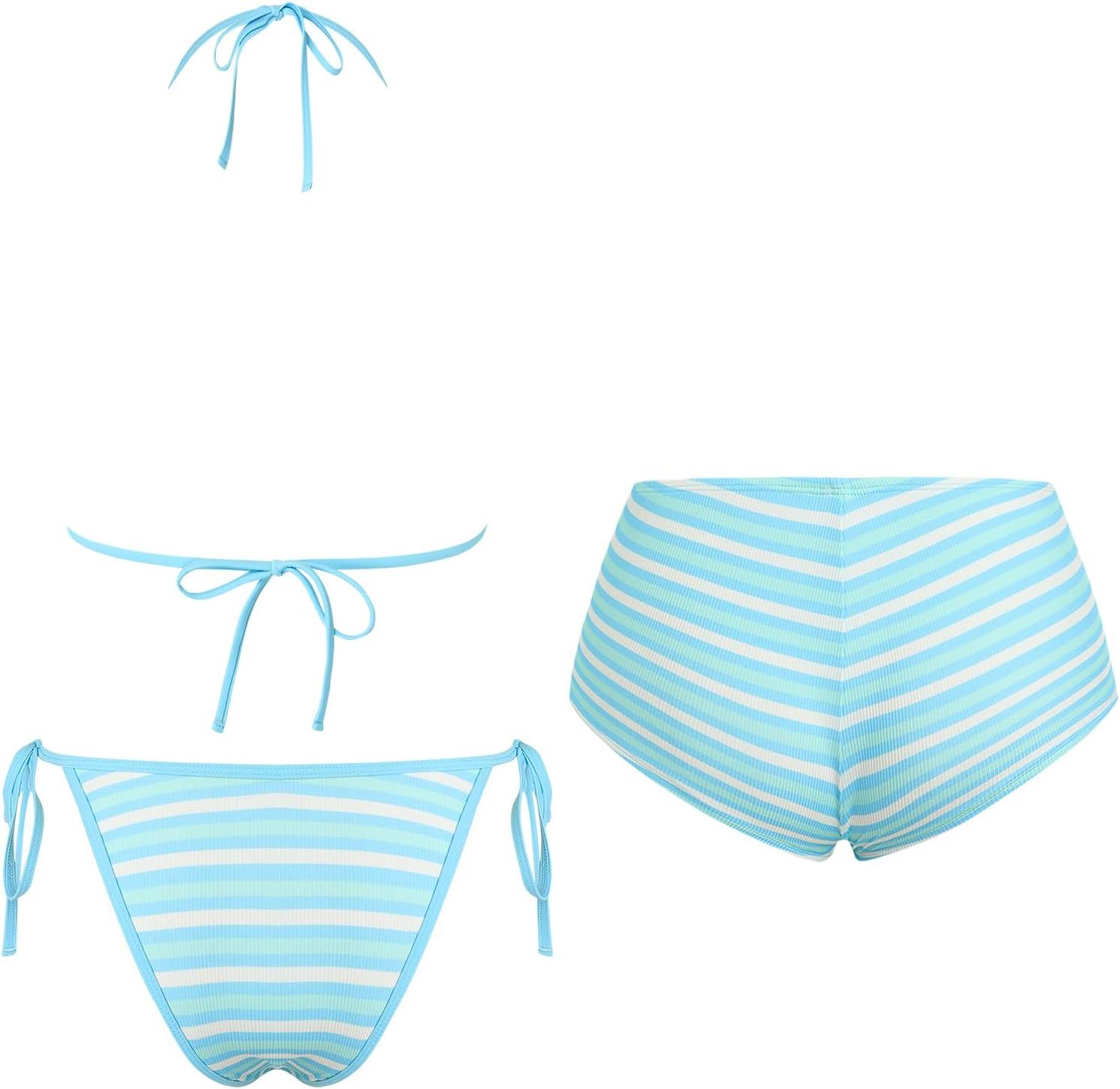 imageZAFUL Womens 3 Piece Halter Triangle Bikini Sets Sexy Summer Beach Swimsuit Bathing Suit Shorts Coverups2stripe Blue