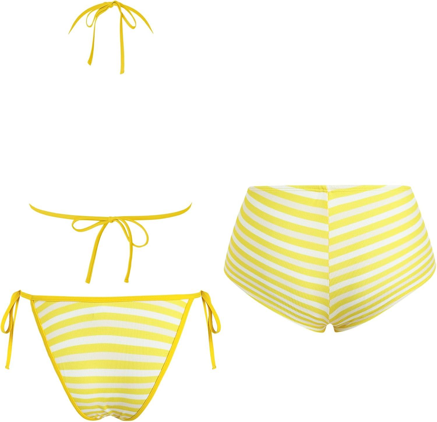 imageZAFUL Womens 3 Piece Halter Triangle Bikini Sets Sexy Summer Beach Swimsuit Bathing Suit Shorts Coverups2stripe Yellow