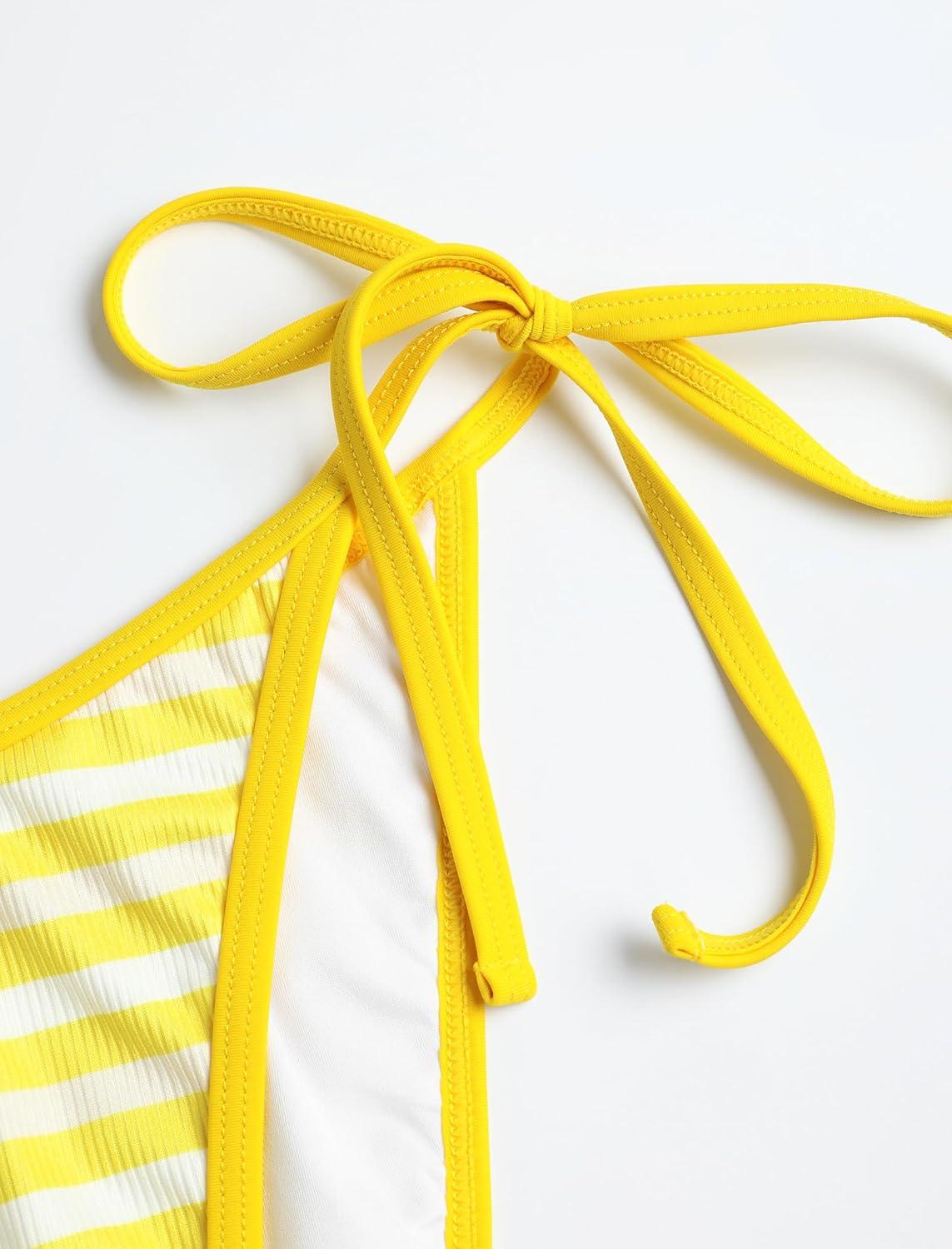 imageZAFUL Womens 3 Piece Halter Triangle Bikini Sets Sexy Summer Beach Swimsuit Bathing Suit Shorts Coverups2stripe Yellow