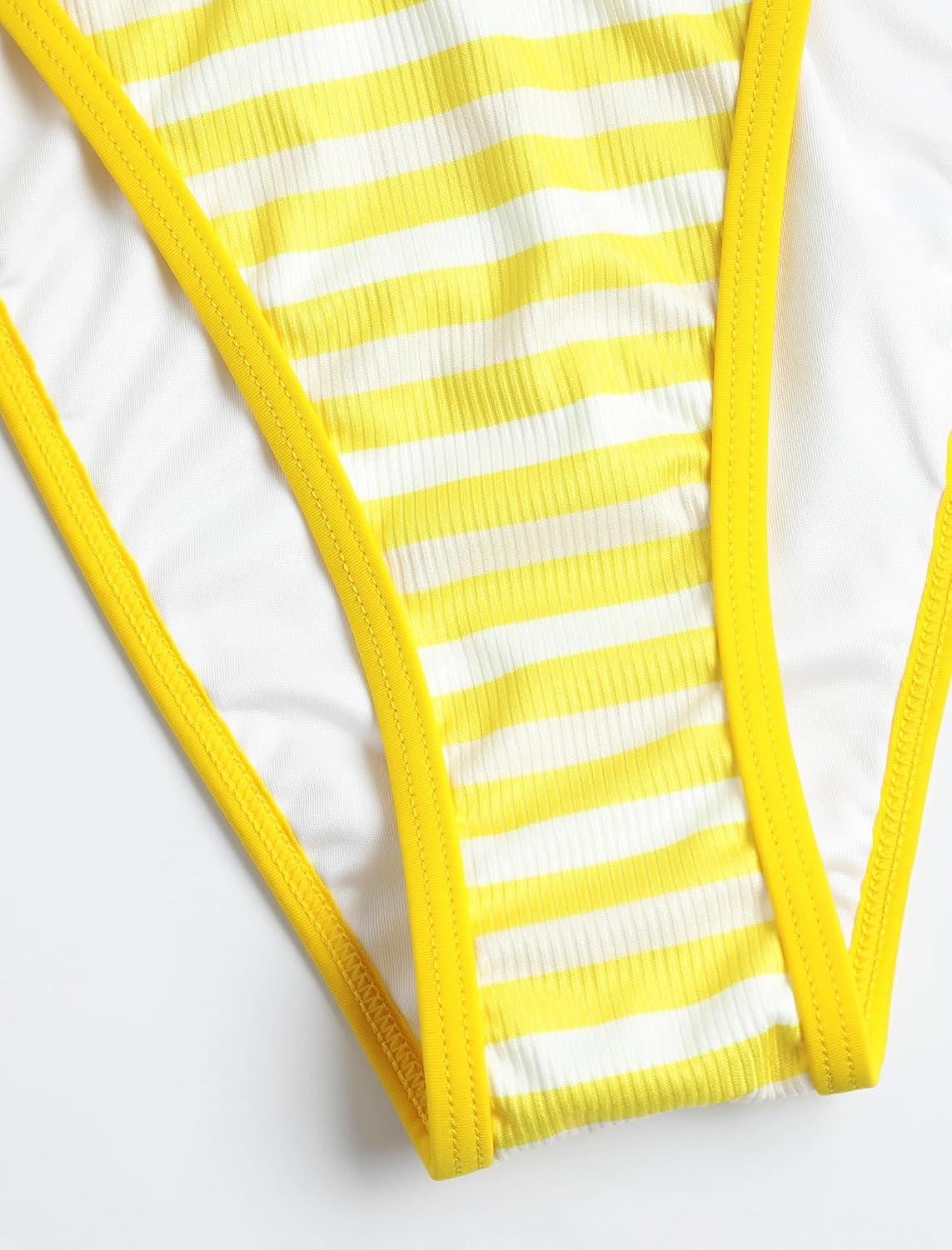 imageZAFUL Womens 3 Piece Halter Triangle Bikini Sets Sexy Summer Beach Swimsuit Bathing Suit Shorts Coverups2stripe Yellow