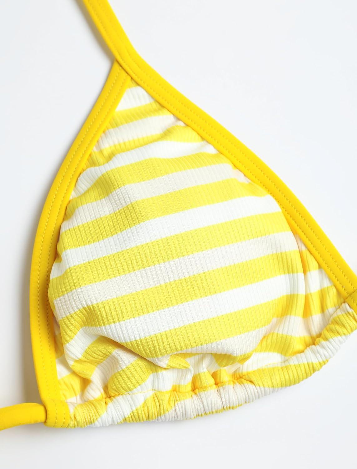 imageZAFUL Womens 3 Piece Halter Triangle Bikini Sets Sexy Summer Beach Swimsuit Bathing Suit Shorts Coverups2stripe Yellow