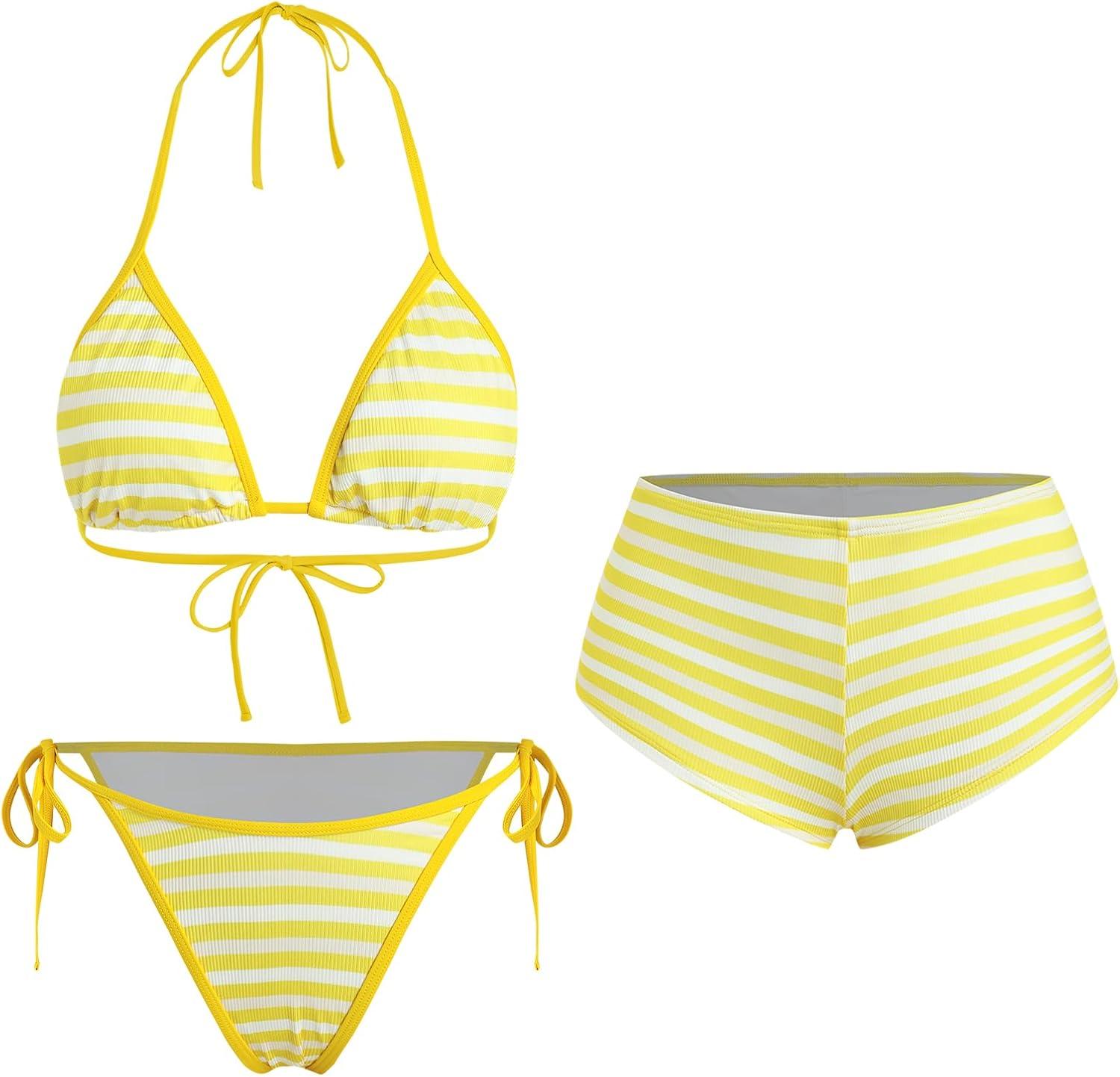 imageZAFUL Womens 3 Piece Halter Triangle Bikini Sets Sexy Summer Beach Swimsuit Bathing Suit Shorts Coverups2stripe Yellow