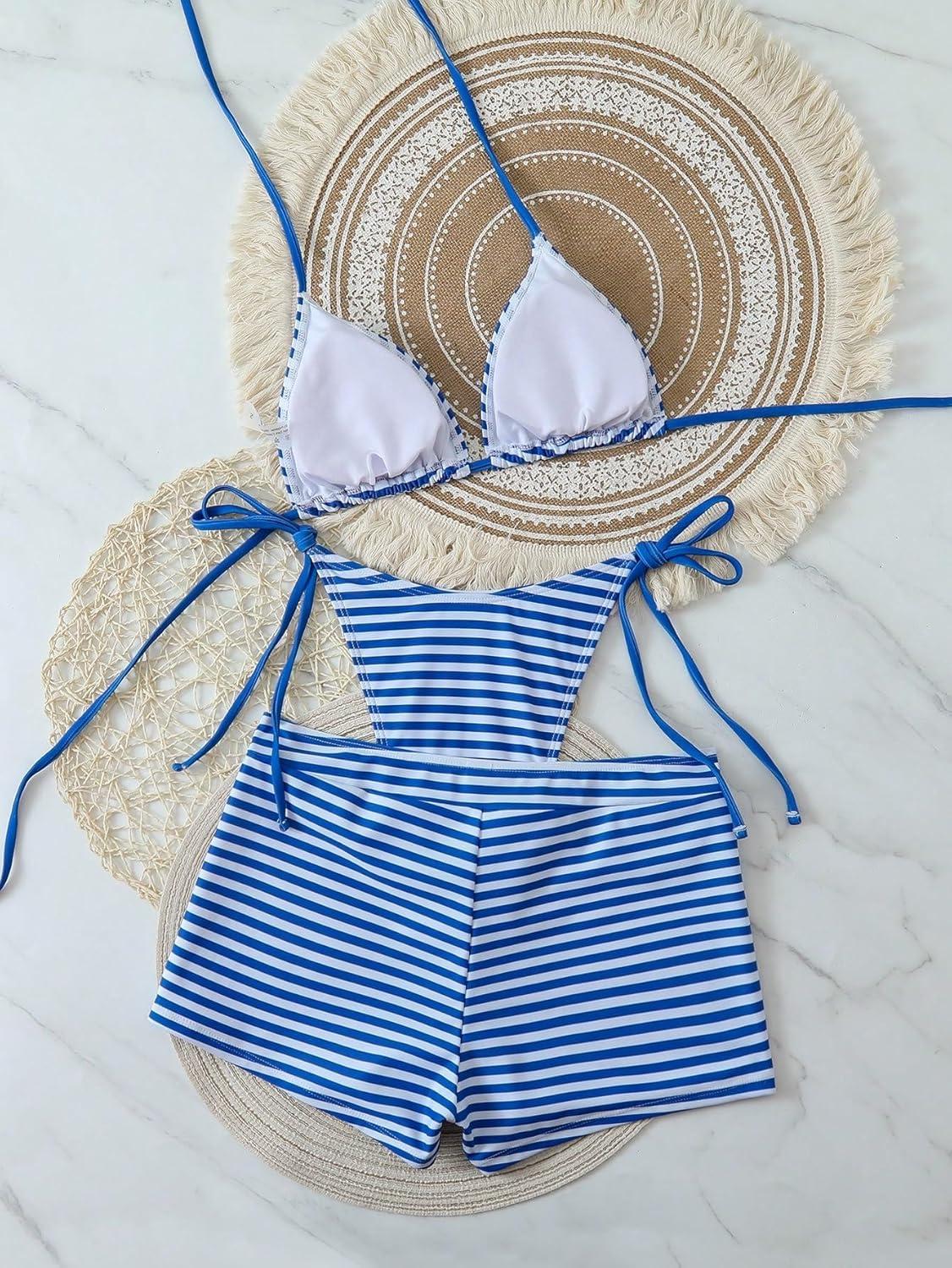 imageZAFUL Womens 3 Piece Halter Triangle Bikini Sets Sexy Summer Beach Swimsuit Bathing Suit Shorts Coverups5stripe Blue
