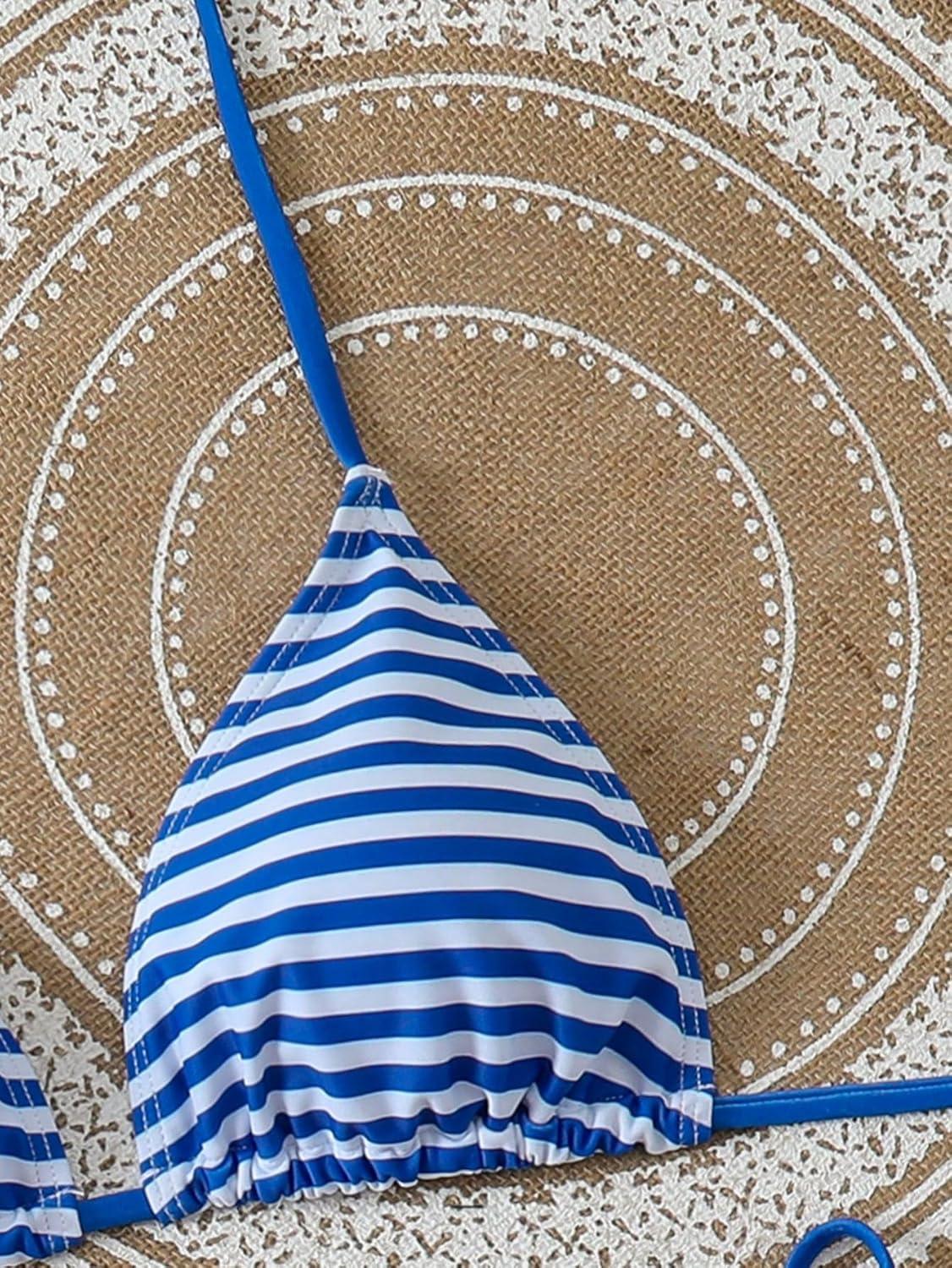imageZAFUL Womens 3 Piece Halter Triangle Bikini Sets Sexy Summer Beach Swimsuit Bathing Suit Shorts Coverups5stripe Blue