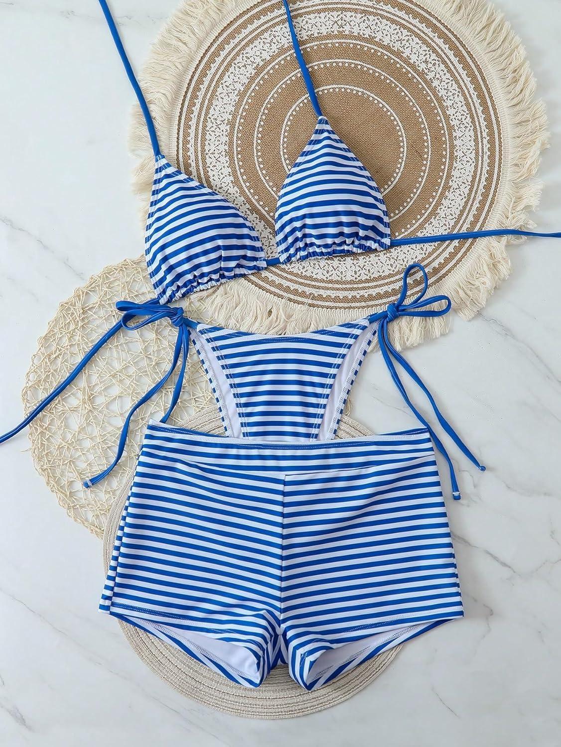 imageZAFUL Womens 3 Piece Halter Triangle Bikini Sets Sexy Summer Beach Swimsuit Bathing Suit Shorts Coverups5stripe Blue
