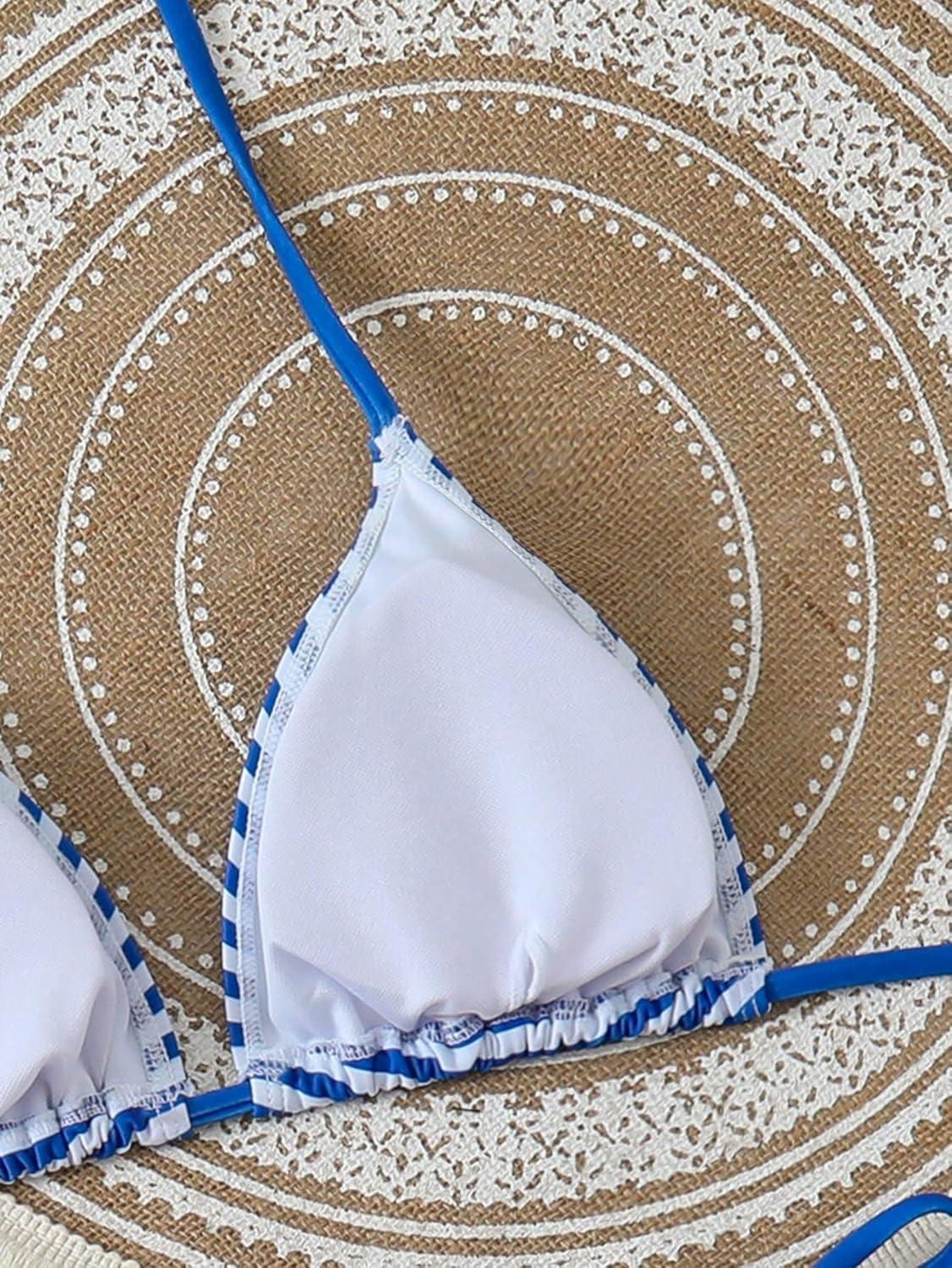 imageZAFUL Womens 3 Piece Halter Triangle Bikini Sets Sexy Summer Beach Swimsuit Bathing Suit Shorts Coverups5stripe Blue