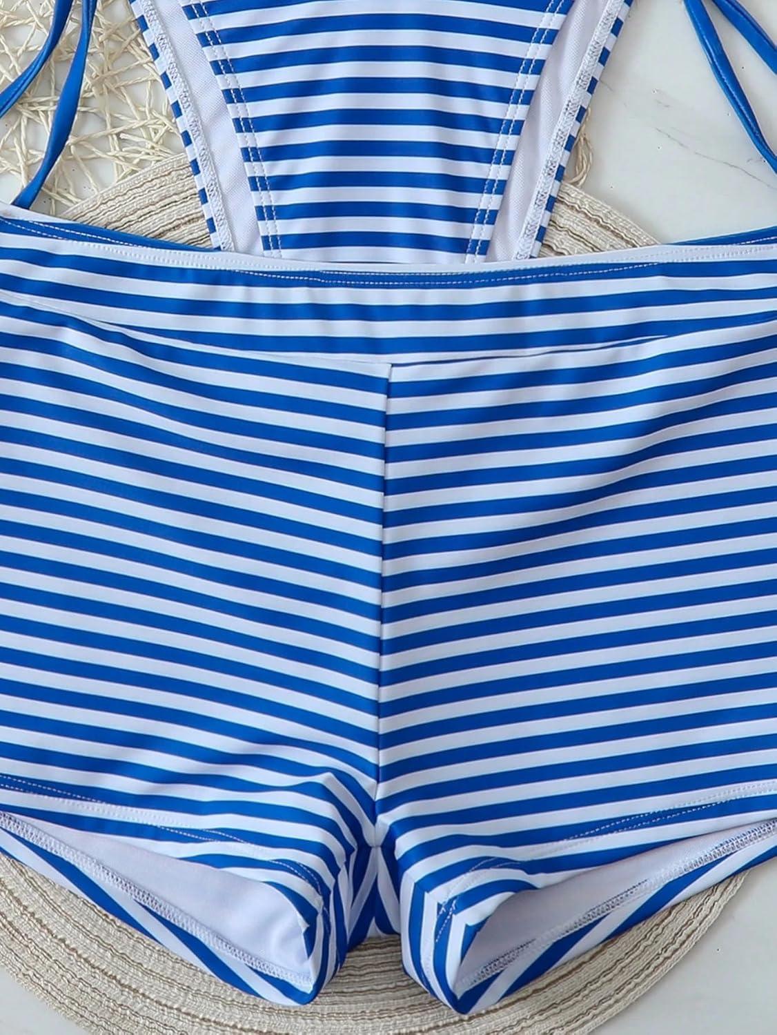 imageZAFUL Womens 3 Piece Halter Triangle Bikini Sets Sexy Summer Beach Swimsuit Bathing Suit Shorts Coverups5stripe Blue