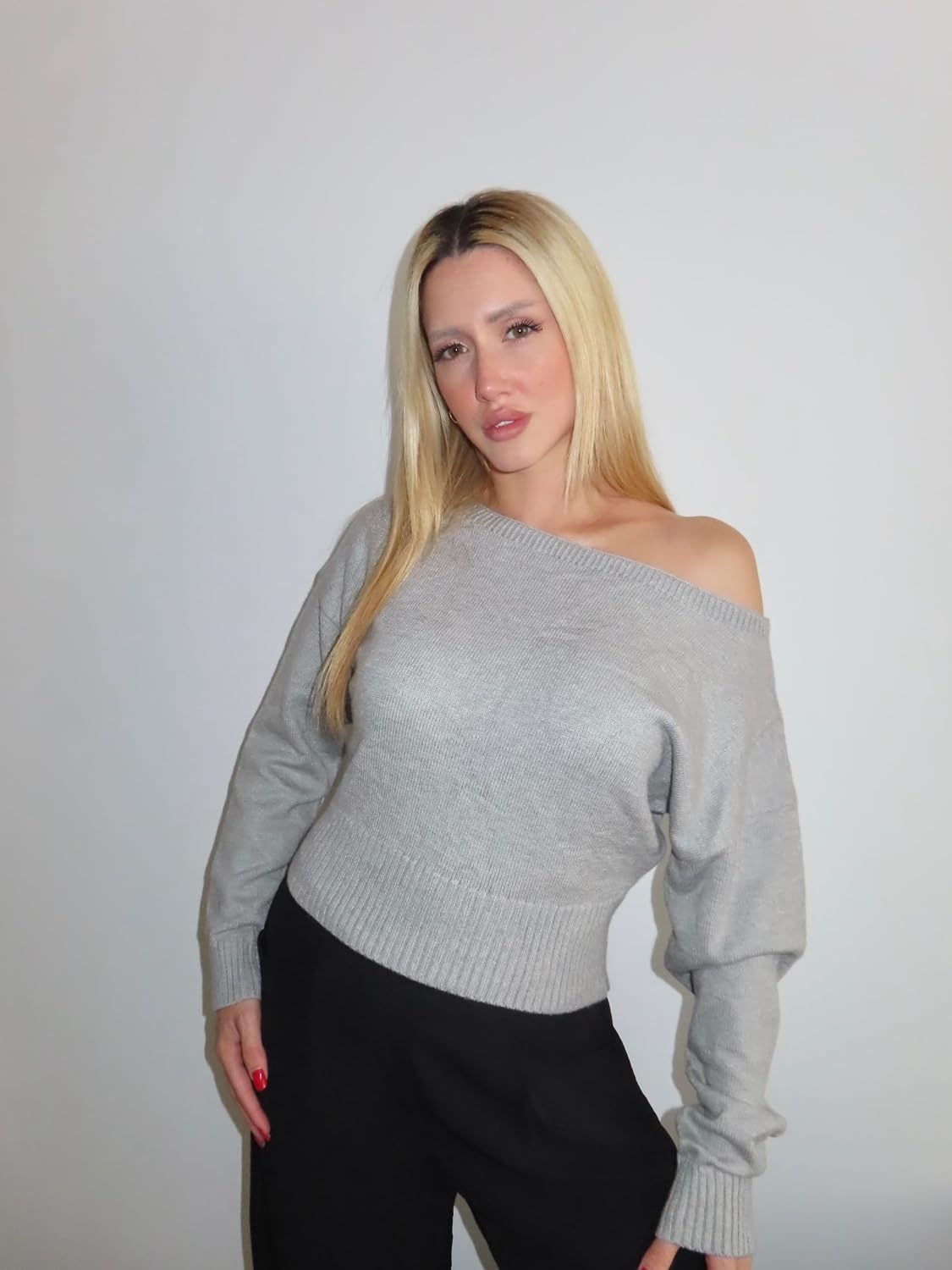 image:imageZAFUL Womens Off Shoulder Sweater Long Sleeve Casual Pullover Knit Jumper1grey