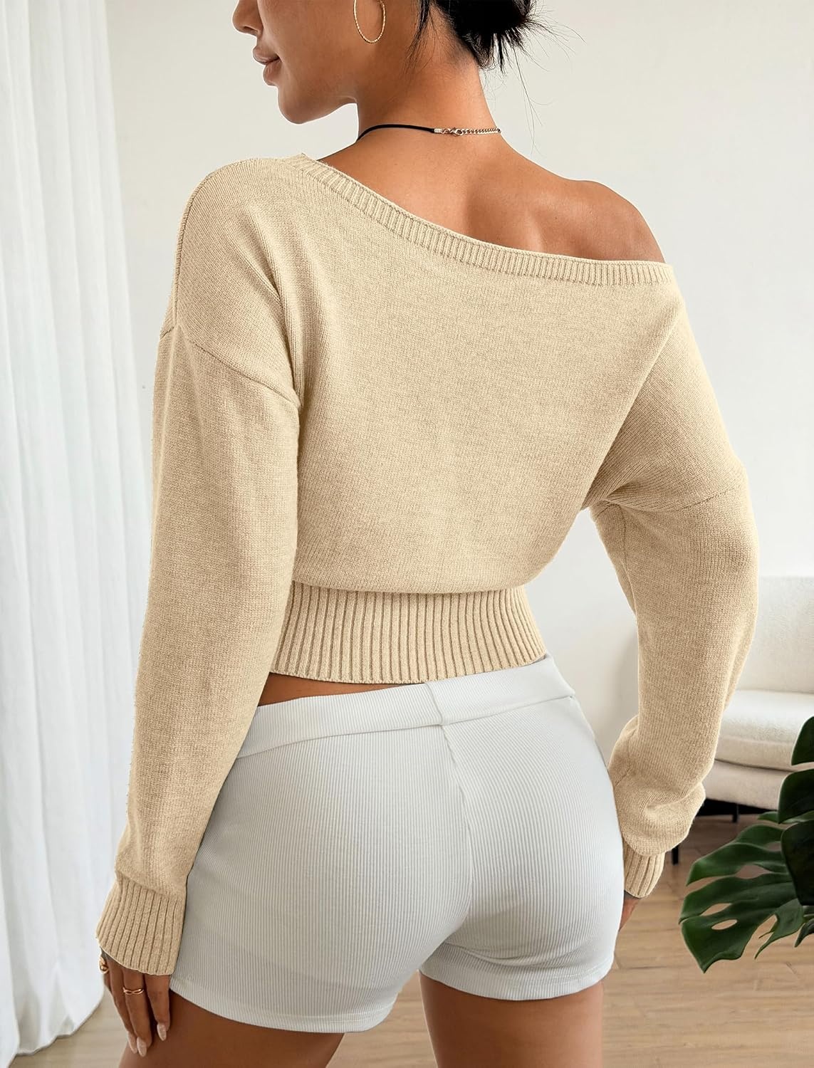 image:imageZAFUL Womens Off Shoulder Sweater Long Sleeve Casual Pullover Knit Jumper1khaki