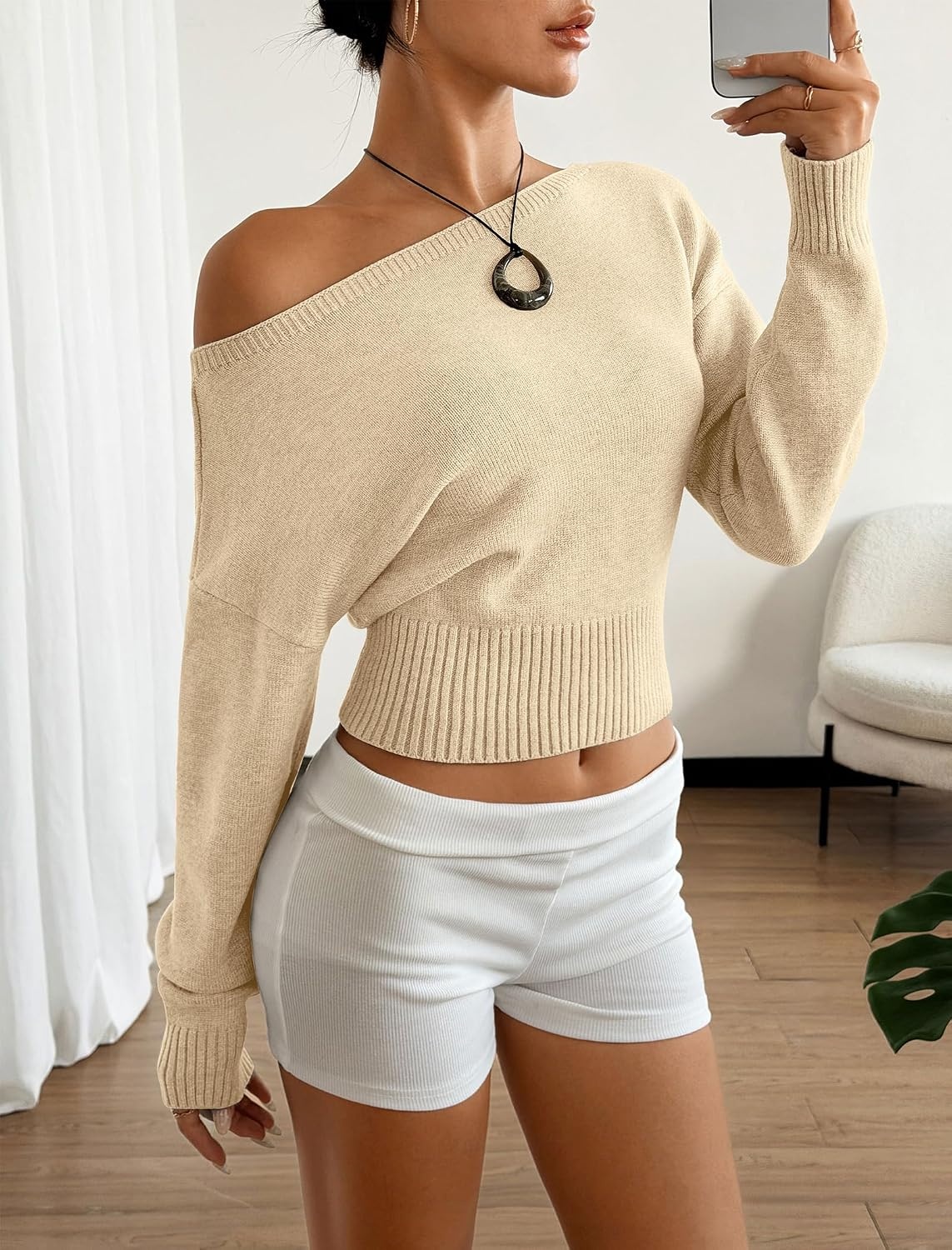 image:imageZAFUL Womens Off Shoulder Sweater Long Sleeve Casual Pullover Knit Jumper1khaki