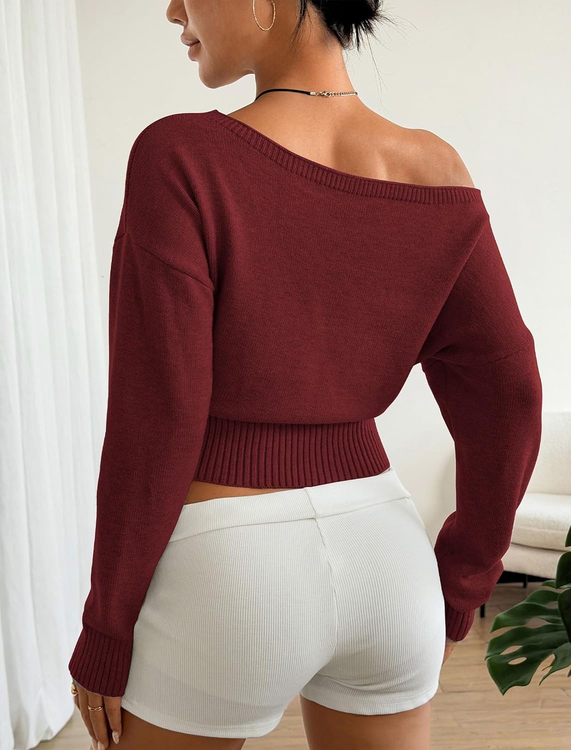 image:imageZAFUL Womens Off Shoulder Sweater Long Sleeve Casual Pullover Knit Jumper1wine Red
