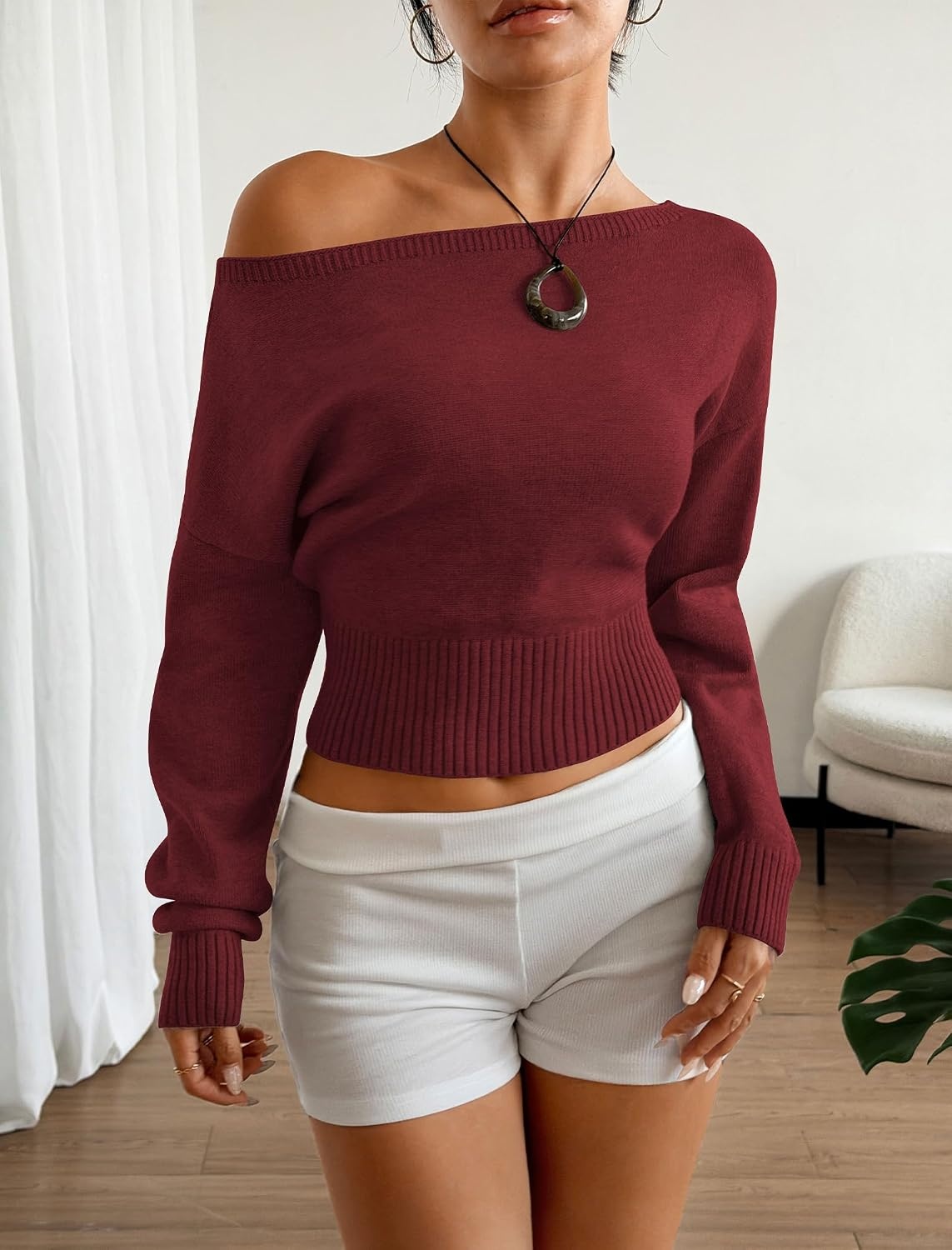 image:imageZAFUL Womens Off Shoulder Sweater Long Sleeve Casual Pullover Knit Jumper1wine Red