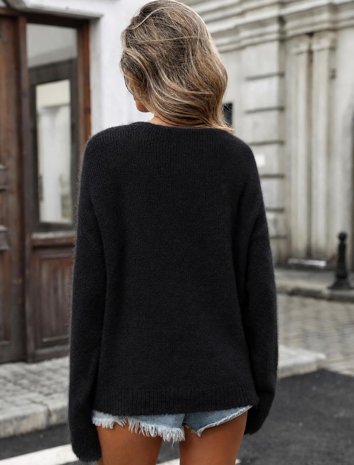 image:imageZAFUL Womens V Neck Casual Loose Lightweight Pullover Knit Sweaters1black
