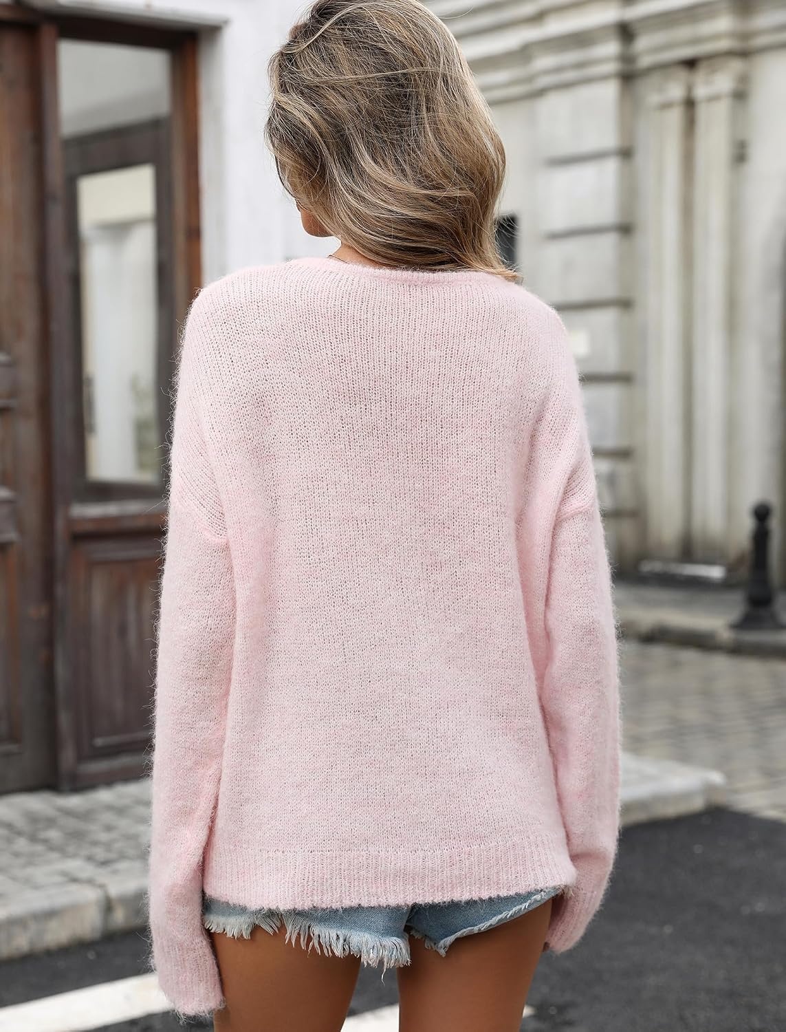 image:imageZAFUL Womens V Neck Casual Loose Lightweight Pullover Knit Sweaters1pink