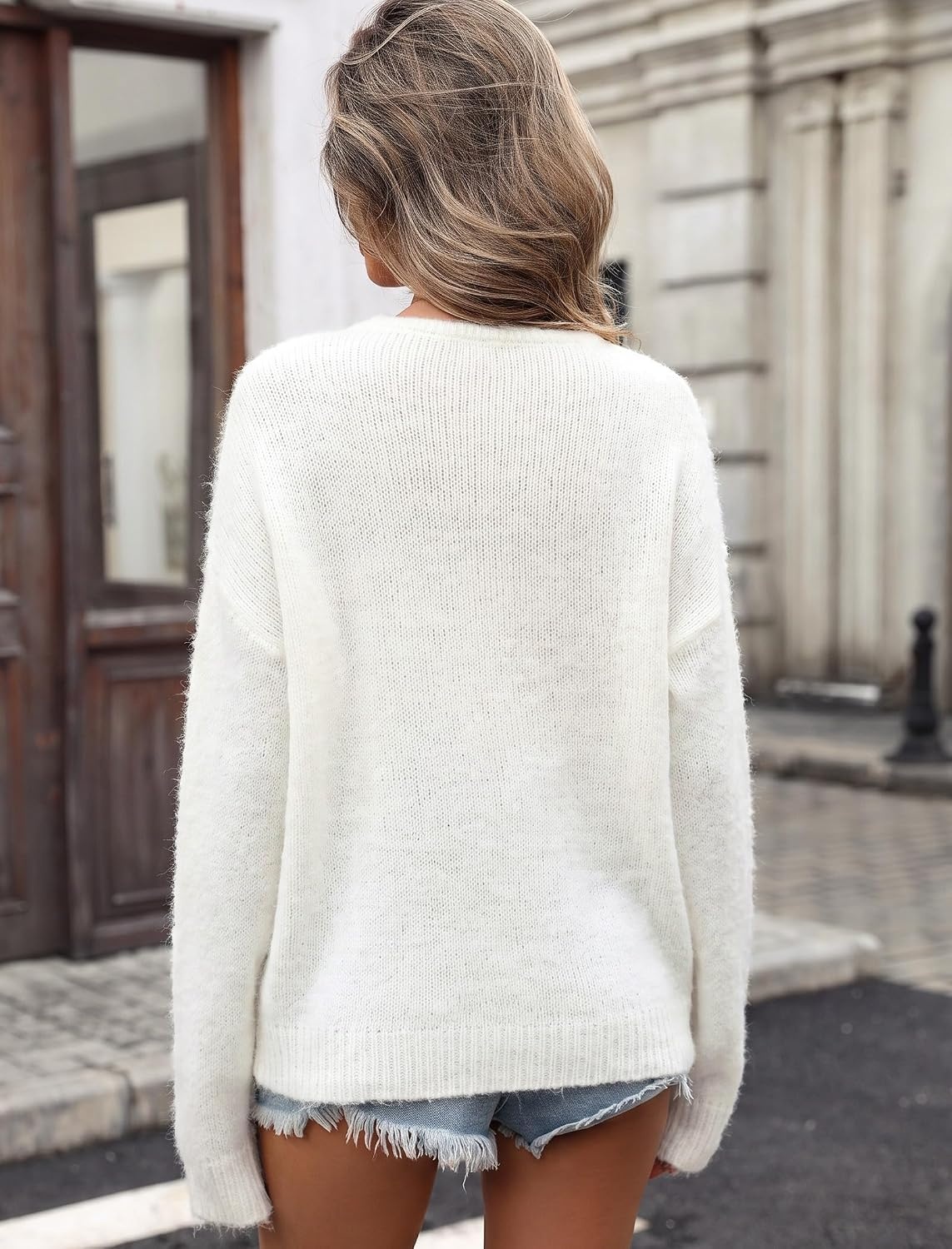 image:imageZAFUL Womens V Neck Casual Loose Lightweight Pullover Knit Sweaters1white