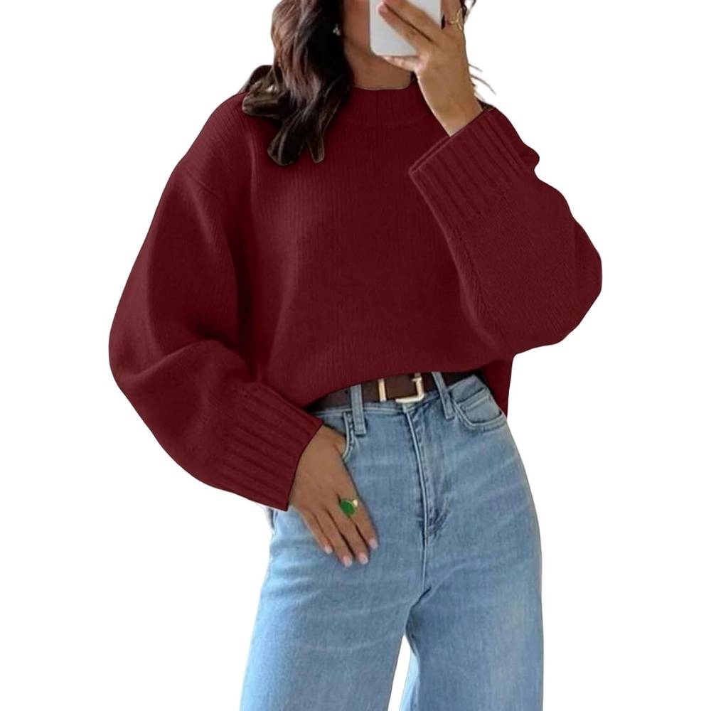 image:imageZAFUL Crew Neck Cozy Long Sleeves Casual Knit Pullover Sweater for Women1burgundy