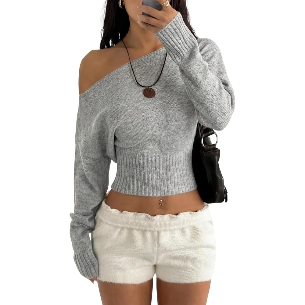 image:imageZAFUL Womens Off Shoulder Sweater Long Sleeve Casual Pullover Knit Jumper1grey