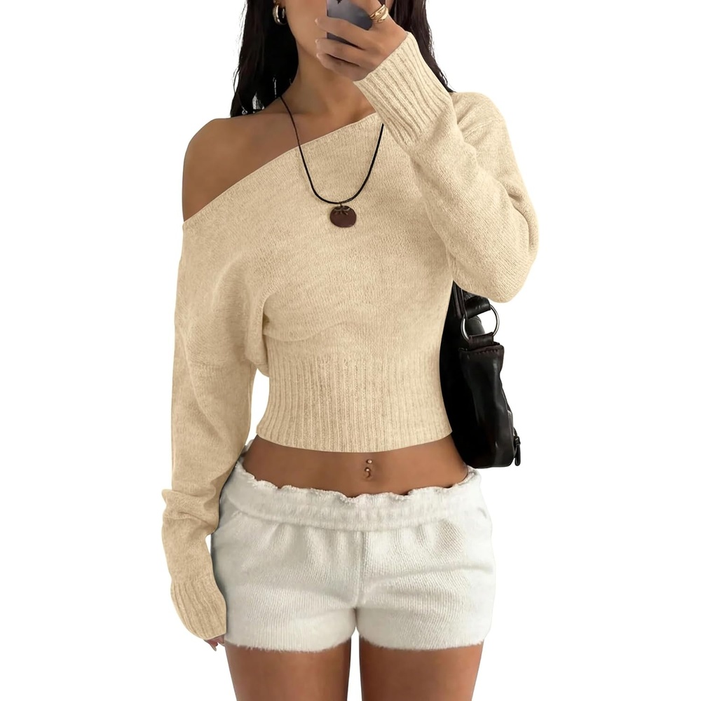 image:imageZAFUL Womens Off Shoulder Sweater Long Sleeve Casual Pullover Knit Jumper1khaki