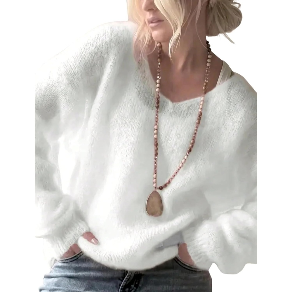 image:imageZAFUL Womens V Neck Casual Loose Lightweight Pullover Knit Sweaters1white