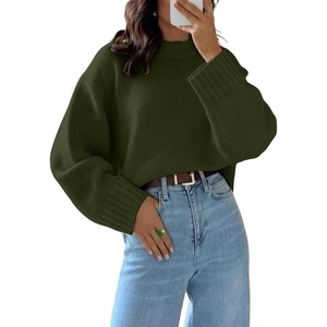 ZAFUL Crew Neck Cozy Long Sleeves Casual Knit Pullover Sweater for Women(1-army Green)