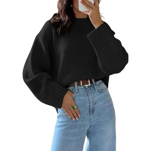 ZAFUL Crew Neck Cozy Long Sleeves Casual Knit Pullover Sweater for Women(1-black)