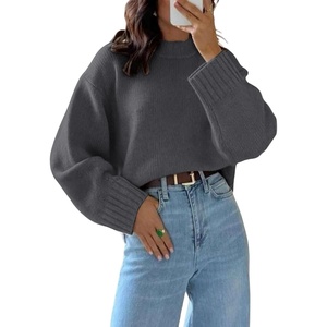 ZAFUL Crew Neck Cozy Long Sleeves Casual Knit Pullover Sweater for Women(1-dark Grey)
