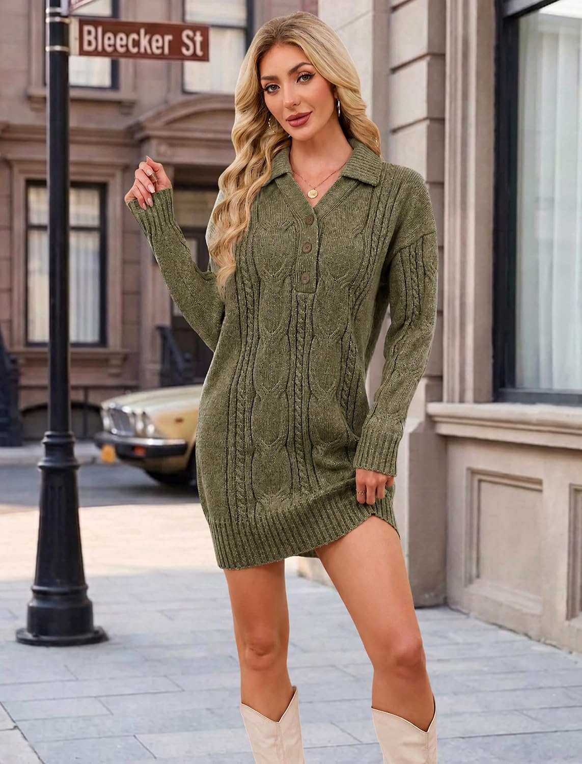 image:imageZAFUL Womens Cable Knit Sweater Dress Oversized Collared Button Mini DressArmy Green