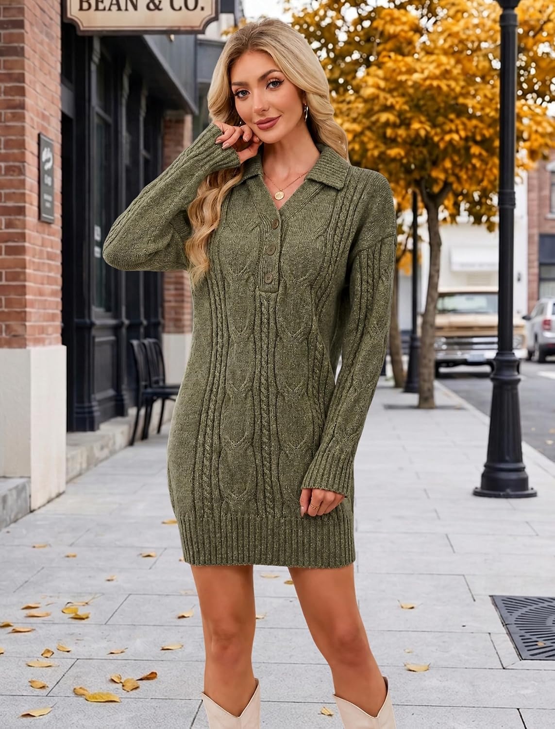 image:imageZAFUL Womens Cable Knit Sweater Dress Oversized Collared Button Mini DressArmy Green