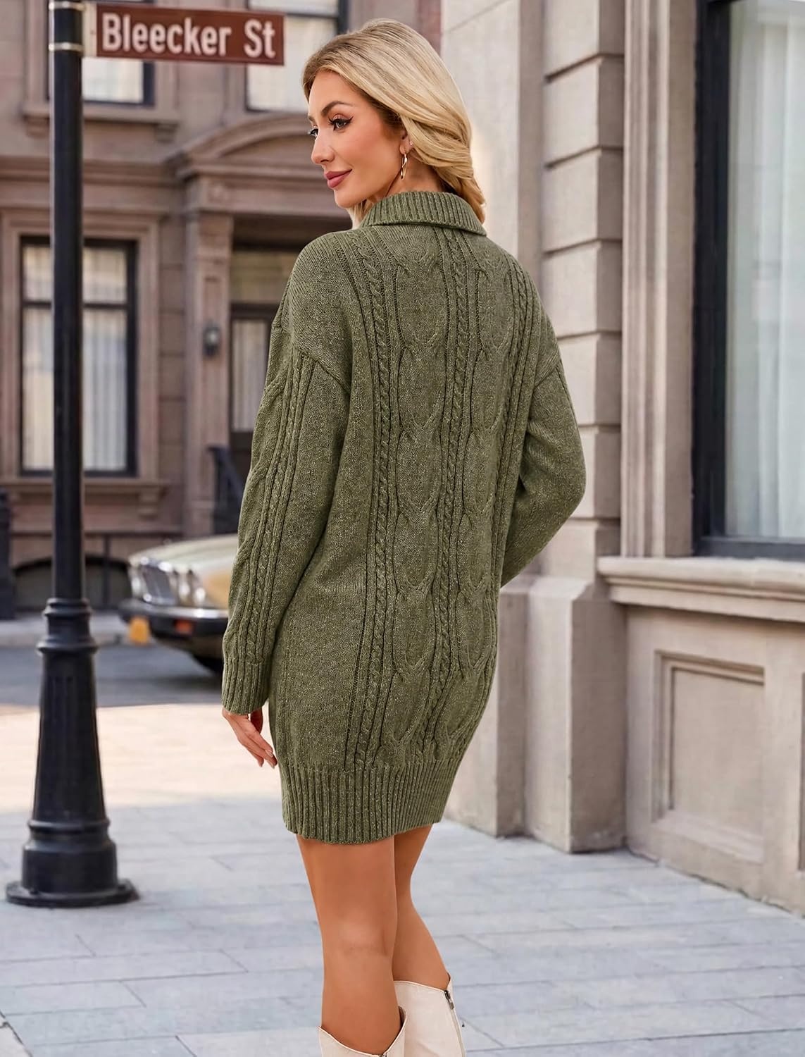 image:imageZAFUL Womens Cable Knit Sweater Dress Oversized Collared Button Mini DressArmy Green